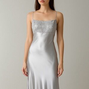 NWT Deadstock Vintage Silver Satin Slip Dress Y2K Maxi Gown with Lace Bust L